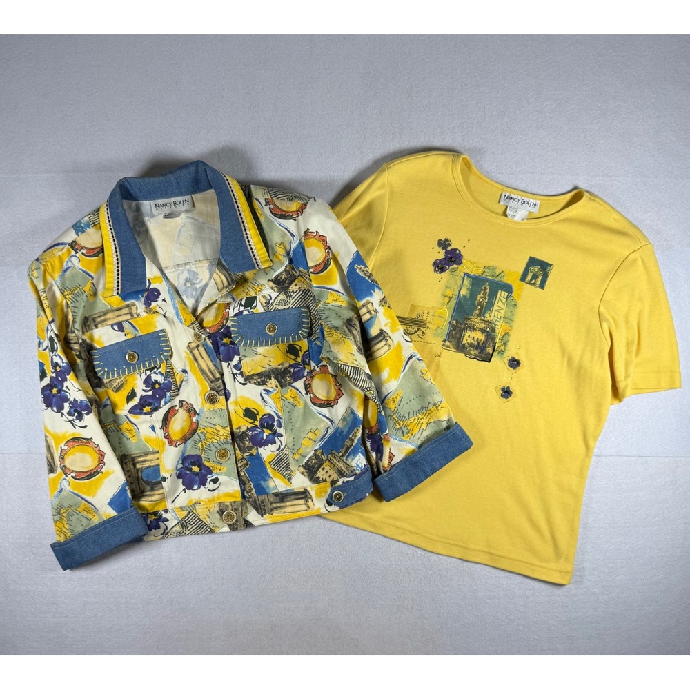 Nancy Bolen City Girl 2pc Set Yellow Floral Jacket and Tee Size 12 M Vintage